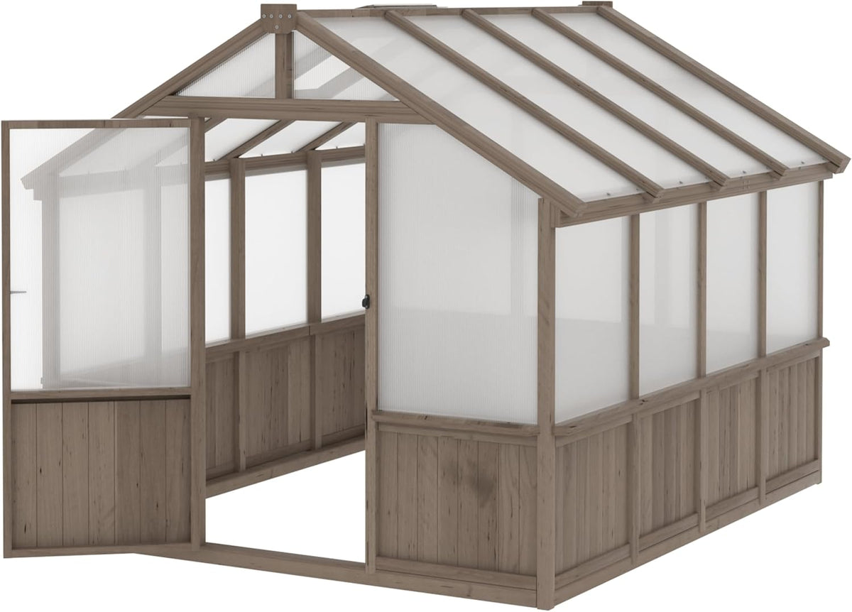 MUPATER 8' x 8' Wooden Polycarbonate Greenhouse with Ventilated Window & Lockable Door, 6mm Polycarbonate Panels for UV Protection, Walk-in Greenhouse for Outdoors, Patio, Backyard, Brown
