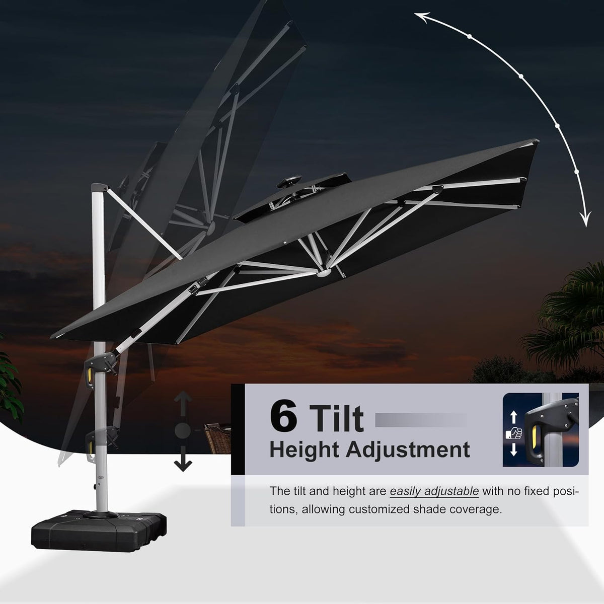 PURPLE LEAF 11 Feet Double Top Deluxe Solar Powered LED Square Patio Umbrella Offset Hanging Umbrella Outdoor Market Umbrella Garden Umbrella, Black
