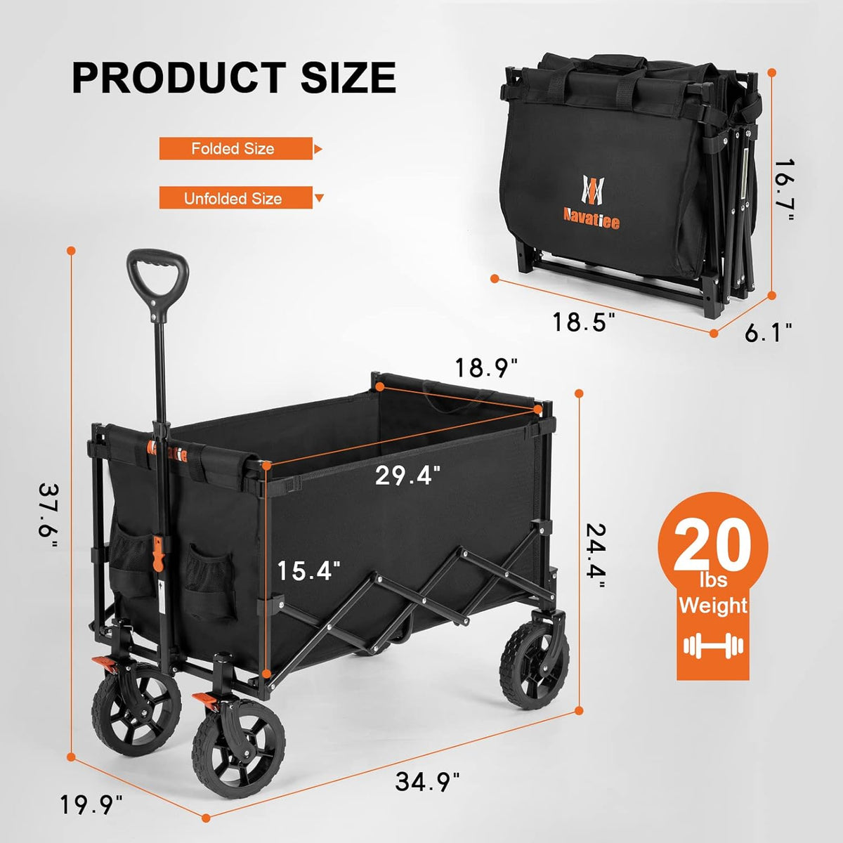 Navatiee 140L Wagon Cart Foldable, Large Capacity Collapsible Wagon with Smallest Folding Design, Utility Grocery Cart for Camping Shopping Sports, Black