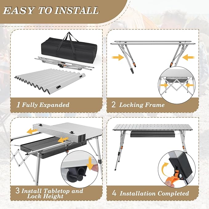 Athena Collection Foldable Camping Table, 47" Aluminum Outdoor Folding Camp Table with Mesh Layer Telescopic Legs and Carry Bag, Lightweight and Portable for Outdoor Camping Picnic Grilling, Silver