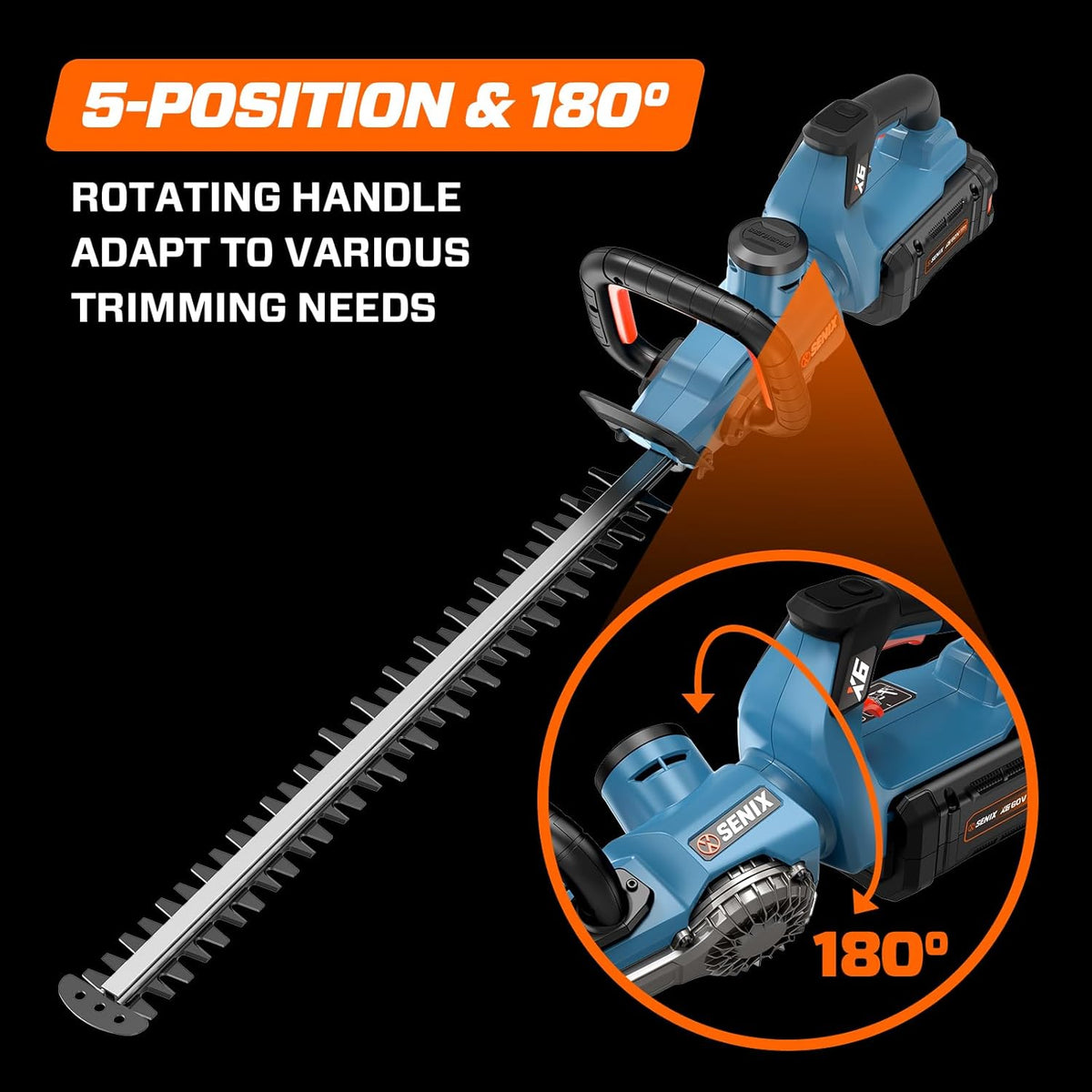SENIX X6 60V Max* Battery Powered 26" Cordless Hedge Trimmer with Brushless Motor, Double-Sided Dual Action Blades, 1-1/4" Cutting Capacity, 3.0 Ah Lithium-ion Battery & Charger Included (HTX6-M1)