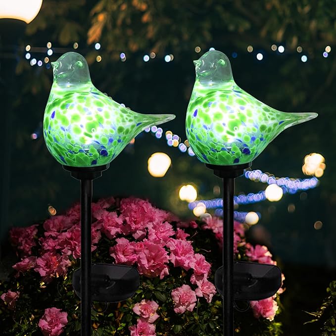 Afirst Solar Outdoor Lights Decorative Hummingbird Garden Stake Handblown Glass Stakes Outdoors Waterproof for Garden Pathway Decoration 2 Packs