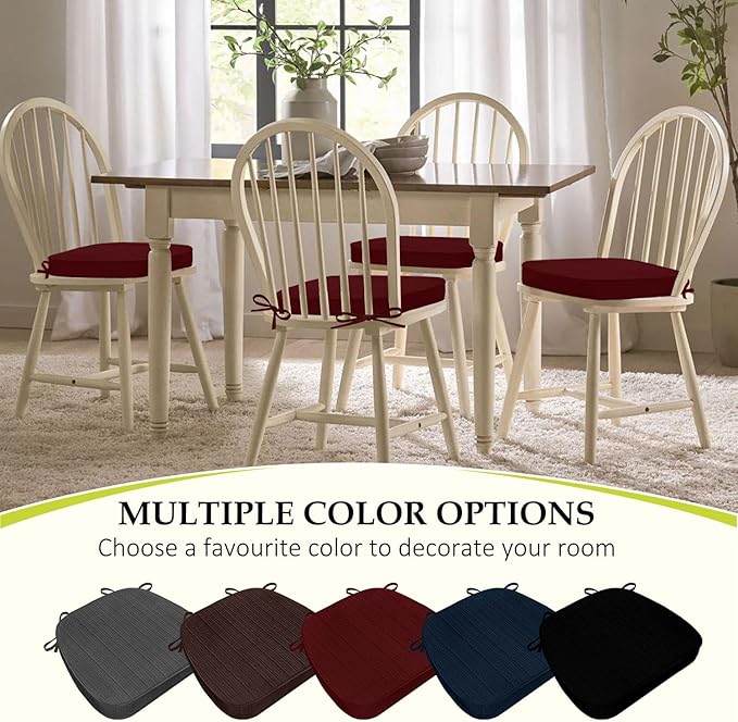 Chair Cushions for Dining Chairs, Indoor Chair Cushions with Ties,Waterproof Chair Pads Set of 6, Burgundy, 17x16x2.5 Inch