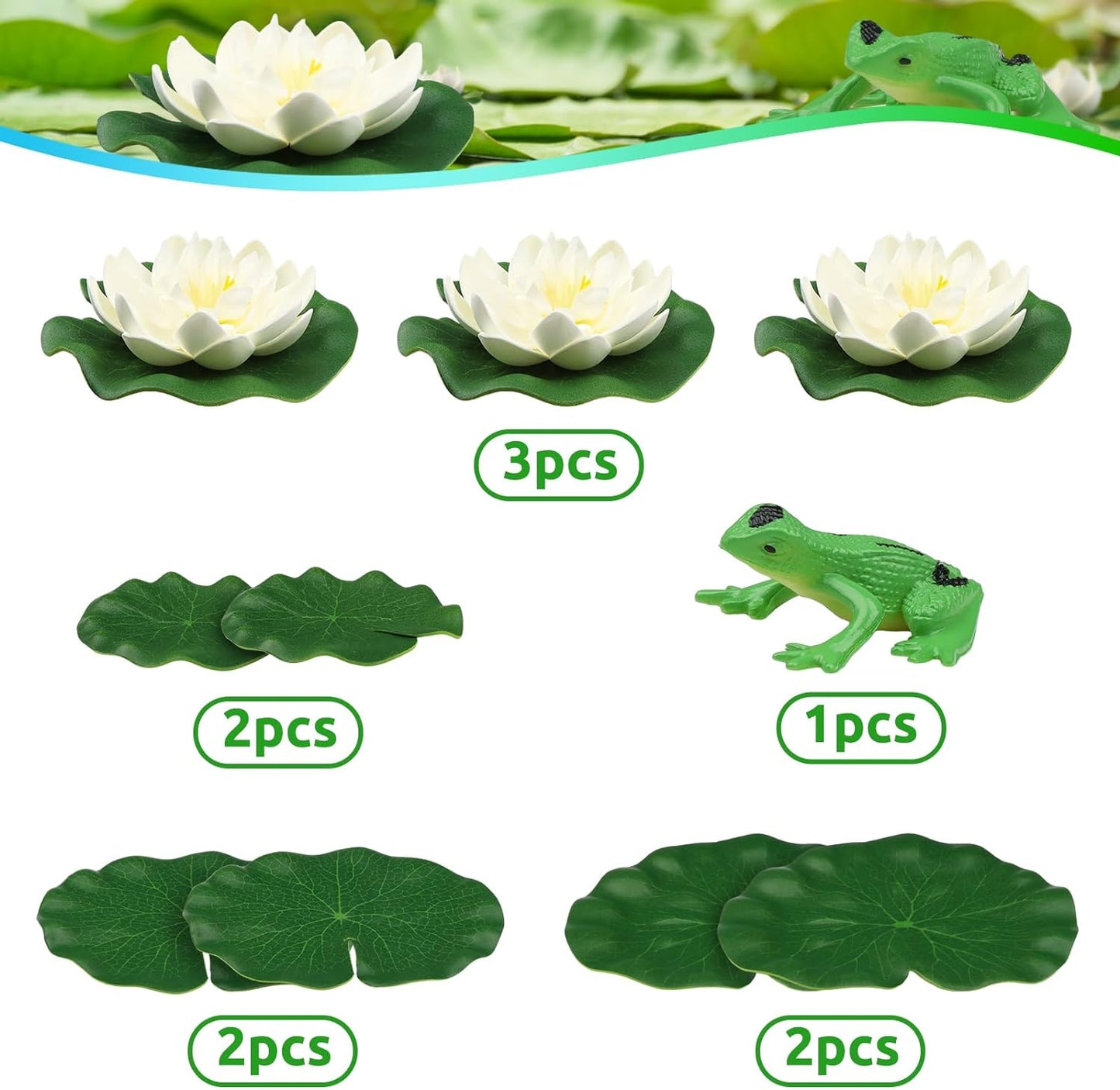10pcs Artificial Floating Foam Lotus Flowers with Artificial Frog Lotus Leaves, Lily Pads for Lake, Pond Plants Ornaments for Pool Aquarium Water Decoration, White