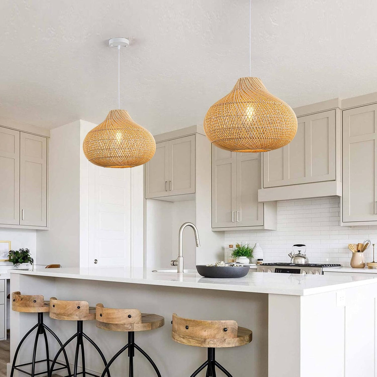 Rattan Pendant Lights, Large Wicker Chandelier Hand-Woven Boho Pendant Light Rattan Basket Hanging Light for Dining Room Kitchen Island Living Room