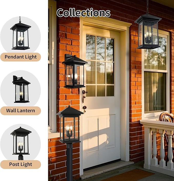 Classic Outdoor Hanging Lantern β Weather-Resistant, Stylish, Matte Black Finish, Clear Seeded Glass and Functional, Extra Large Size