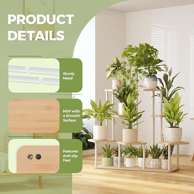 Bamworld Large Plant Stand Indoor, 9 Tier Tall Metal Plant Shelf for Multiple Plants, Tiered Flower Stand for Patio Garden Balcony Living Room Bedroom(White)