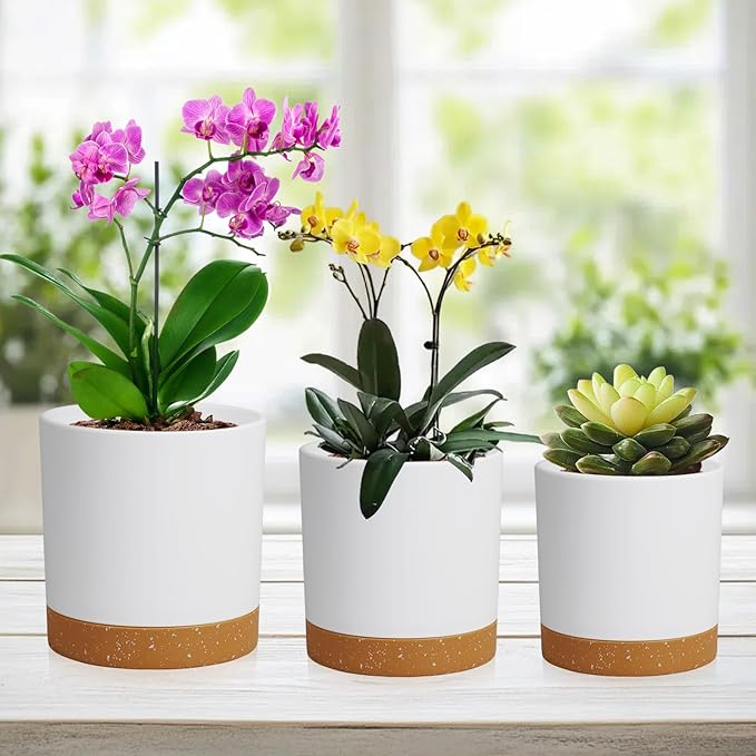 5 Pack Cylindrical Flower Pots with 7/6.5/6/5/4 inch, Modern Small Plastic Plant Pots with Drainage Holes & Saucers, Round Planter Pots for Outdoor, Indoor & Office Decor (White Brown)