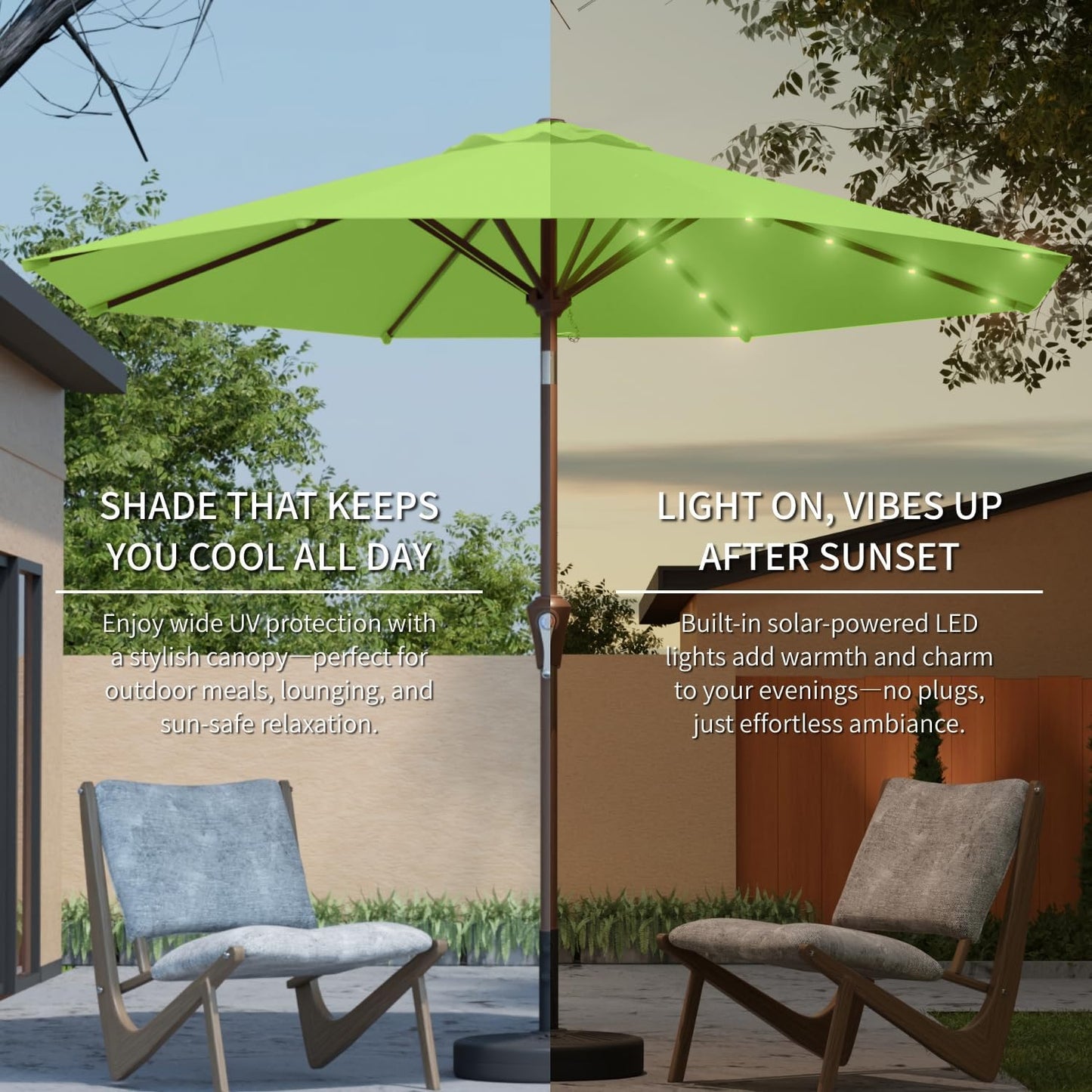 9FT Solar Umbrella 32 LED Lighted Patio Umbrella Table Market Umbrella w/Tilt and Crank, UV-Resistant Outdoor Umbrella for Pool, Garden, Deck, Apple Green