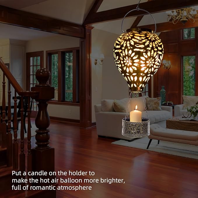 Hot Air Balloon Solar Lantern,Hanging Lantern Outdoor Waterproof Decorative Metal LED Solar Lights for Trees Patio Garden Yard Porch Decor, Gold