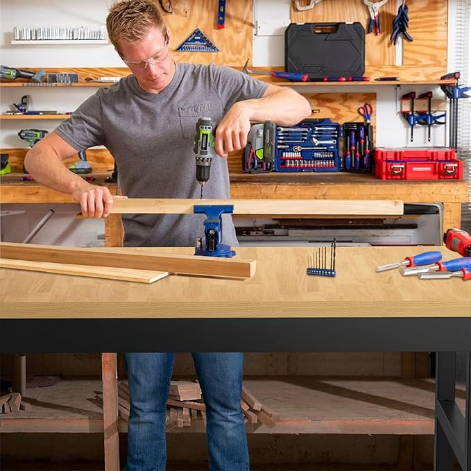 60" Adjustable Workbench,Heavy-Duty Work Table,3000 LBS Load Capacity Particleboard Hardwood Workstation Outlets with Power Strips, Drawers and Wheels,for Workshop, Garage