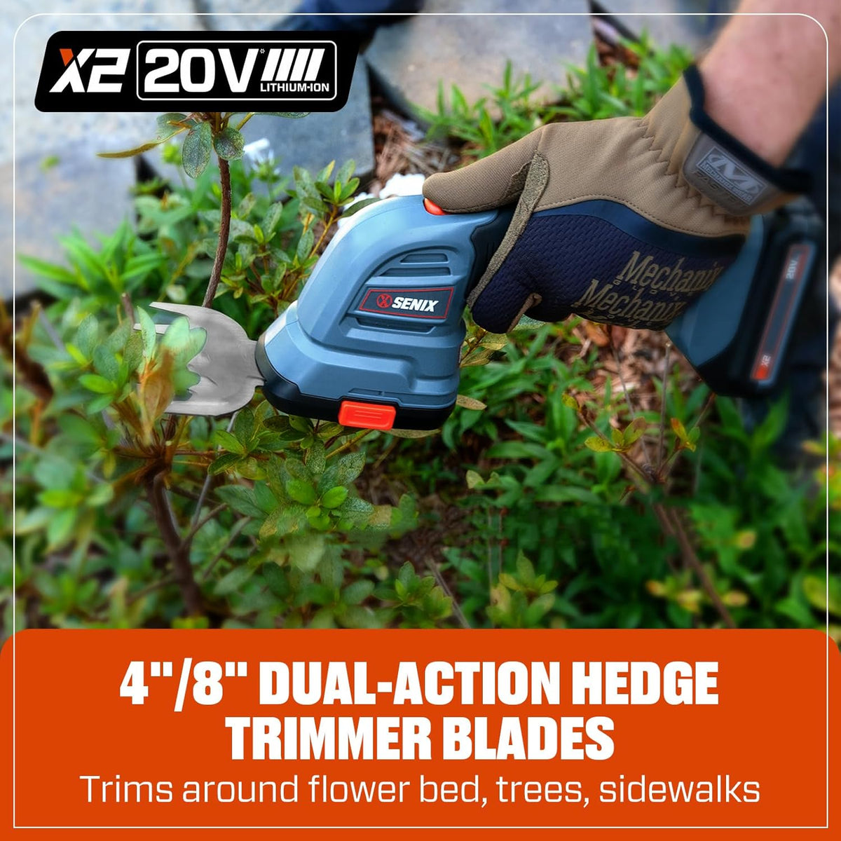 Senix X2 20 Volt Max* 2-in-1 Cordless Hedge Trimmer and Grass Shear with Interchangeable 4-Inch and 8-Inch Blades, Includes 2.0 Ah Battery and Charger (GSX2-M)