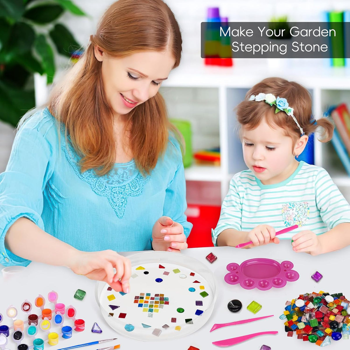 Concrete Stepping Stone Molds,Cement Molds Perfect for Creating Stepping Stones & Garden Markers, Include 300g Mosaic Tiles,Carving Tools and 12 Colors of Acrylic Paint, 10" diam (20pcs)