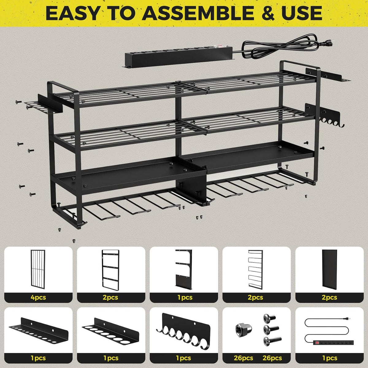 Heavy Duty 4-Layer Power Tool Organizer Wall Mount with 8 Outlet Power Strip- Holds 8 Cordless Drills, 400lbs Capacity Metal Garage Storage Rack