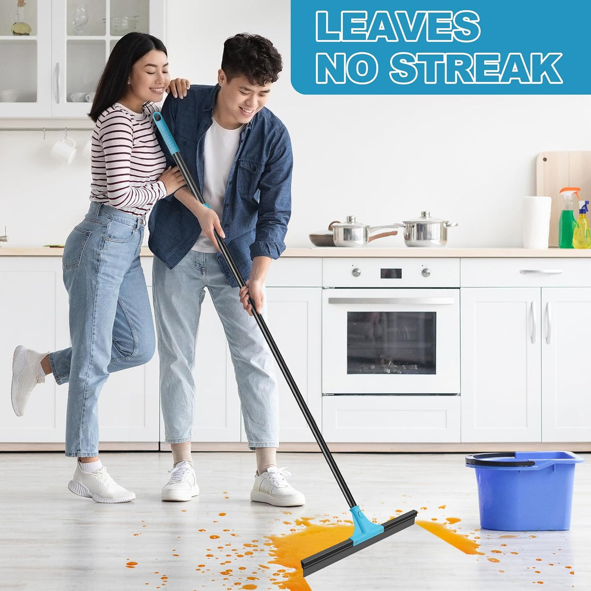 NEWE Floor Squeegee Broom with 18’’ Heavy Duty Rubber Scraper and 58.3’’ Telescopic Long Handle for Garage Concrete Bathroom Tile Shower Glass Marble Deck Window