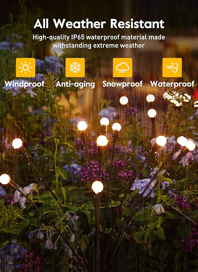 Brightown Solar Garden Lights - 4 Pack 12 LED Firefly Lights, Sway by Wind, Waterproof, Warm White