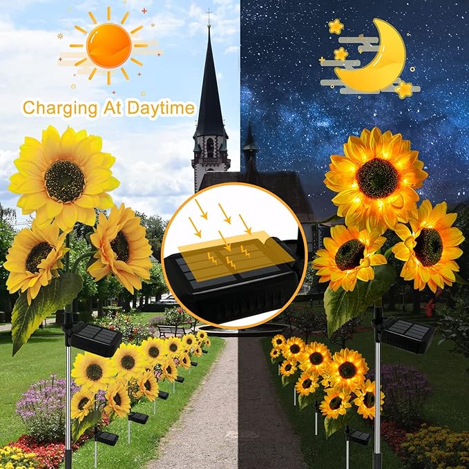 2 Pack Sunflower Solar Lights Outdoor Decor with 3 LED Sunflower Yellow Flower Lights Decorative Waterproof for Patio Lawn Garden Yard Pathway Decoration
