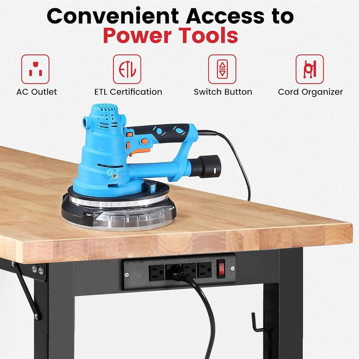 Workbench with Wheels 60 Inch Rubberwood Tabletop Garage Workbench Adjustable Height Work Bench with Pegboard, Power Outlets for Woodworking, Home, Office, Workshop