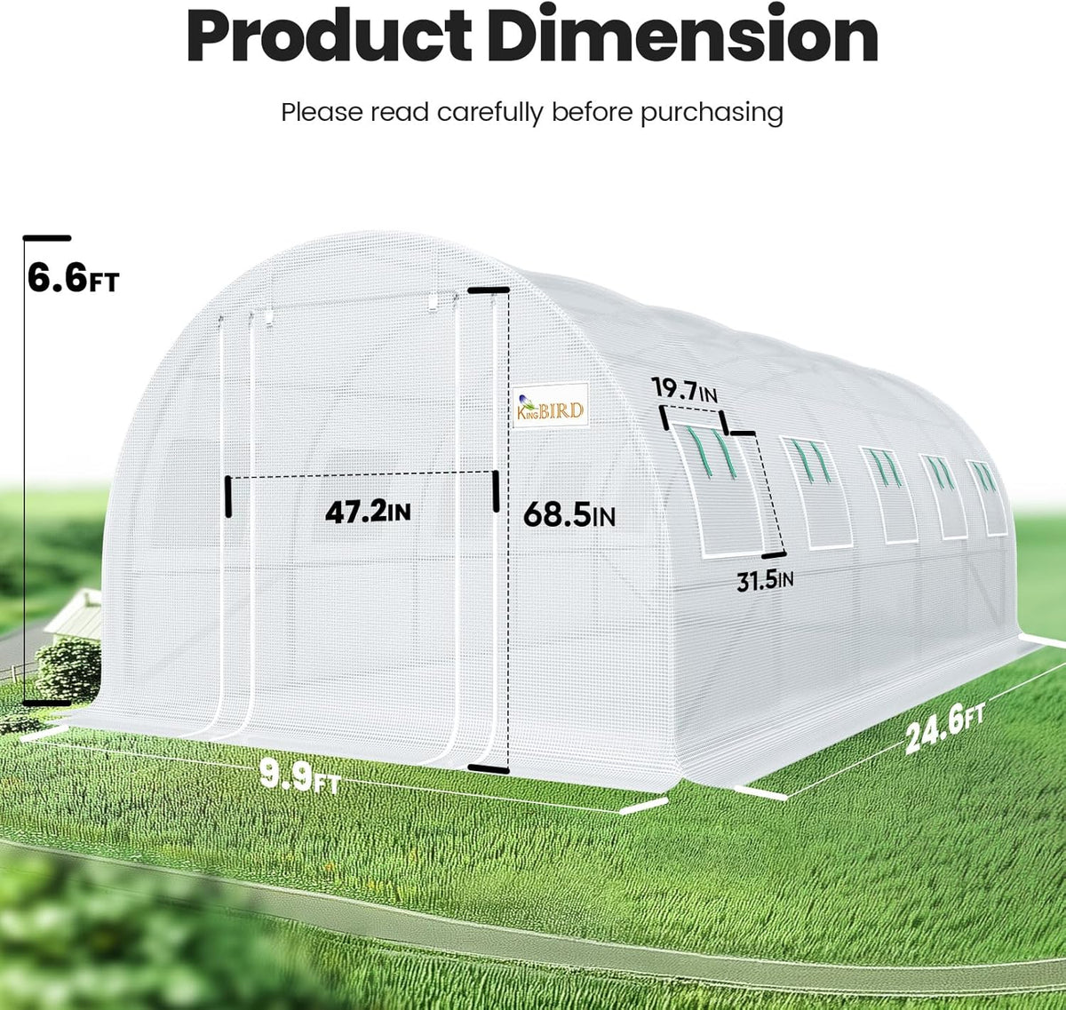 KING BIRD Premium 25x10x6.6FT Greenhouse for Outdoors, Large Walk-in Heavy Duty Galvanized Steel Frame, Mesh Door Screen Window Upgraded Zipper Tunnel Hoop for Garden Plant Winter, White
