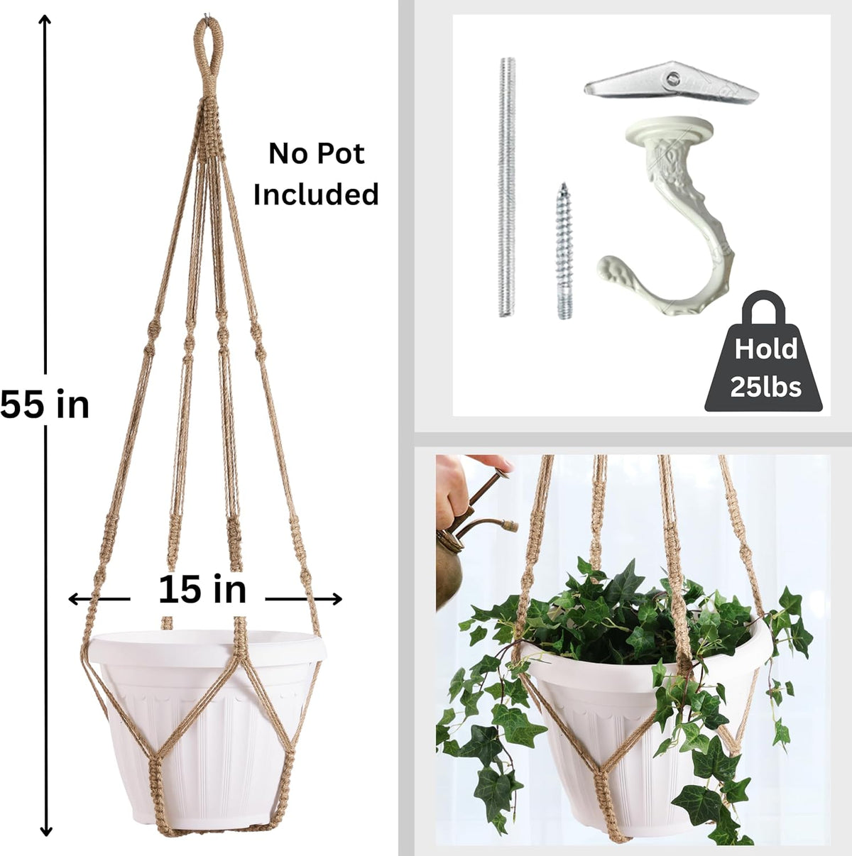Giant XXL 55 Inches Macrame Planter Hanger Large for 15 inch Pot + Swag Hook | Extra Large Hanging Planter for Indoor Plants | No Pot/Plant Included (XXL Jute)