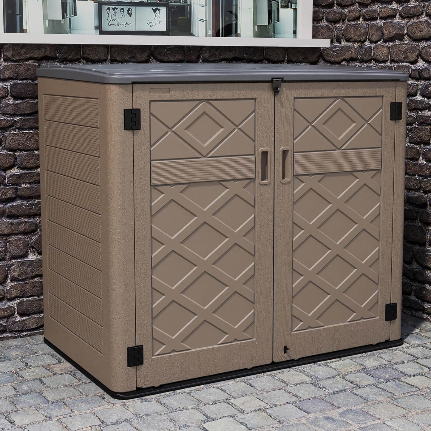 HOMSPARK Storage Shed Weather Resistance, Multi-Purpose Outdoor Storage Cabinet Waterproof, Outdoor Storage Cabinet for Bike, Garbage Cans, Lawnmower, Garden Accessories (coffee, Extra Large-48 cu ft)