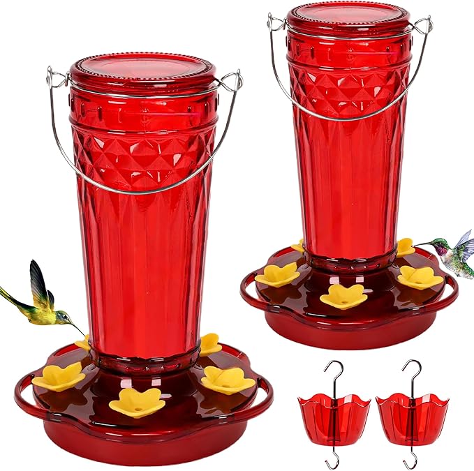 Hummingbird Feeder 2pack-14Ounces,5 Feeding Ports Glass Hummingbird feeders for Outdoors,Wide Mouth for Easy Filling/Cleaning,Hanging for Garden Backyard Decor, Includes Ant Moat (Red)