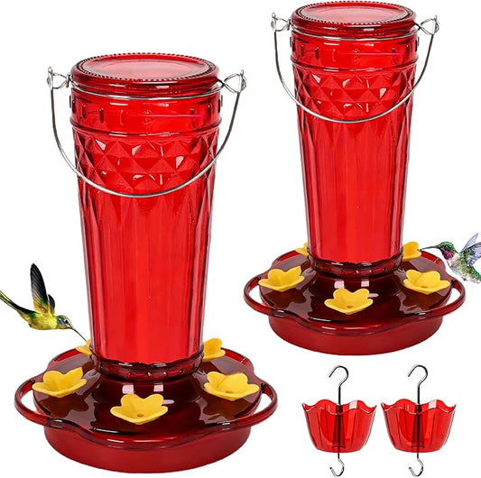 Hummingbird Feeder 2pack-14Ounces,5 Feeding Ports Glass Hummingbird feeders for Outdoors,Wide Mouth for Easy Filling/Cleaning,Hanging for Garden Backyard Decor, Includes Ant Moat (Red)
