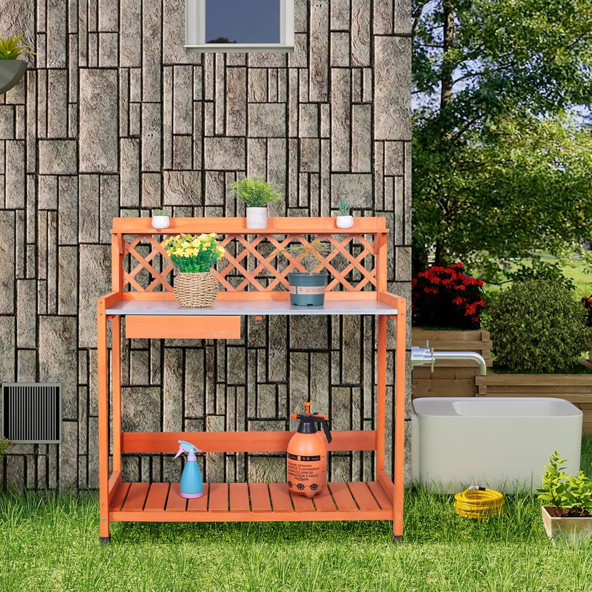 Outdoor Potting Bench & Wooden Gardening Work Station Planting Table with Metal Tabletop, Drawer, Storage, and Hooks
