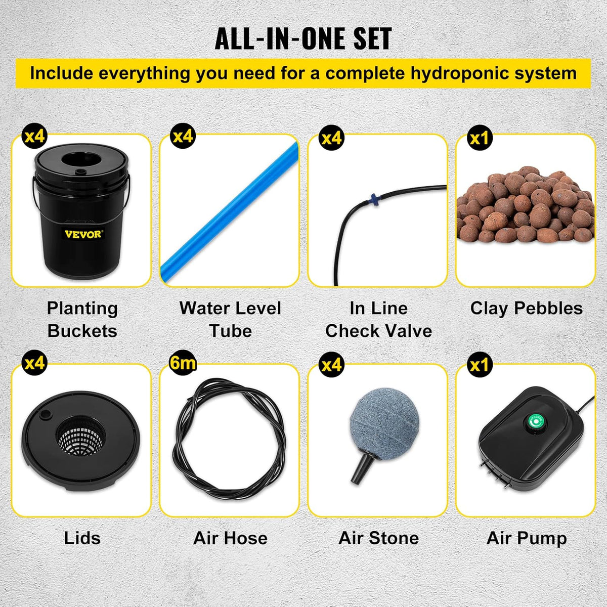 VEVOR DWC Hydroponic System, 5 Gallon 4 Buckets, Deep Water Culture Growing Bucket, Hydroponics Grow Kit with Pump, Air Stone and Water Level Device, for Indoor/Outdoor Leafy Vegetables