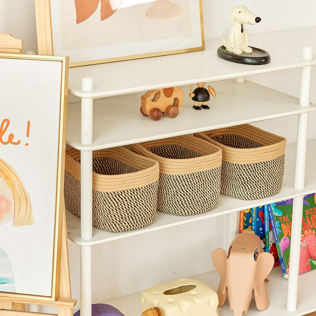Small Cotton Rope Basket – Storage Bin for Organizing (10.6" x 6.7" x 6.7"), Bathroom Storage Basket for Shelf, Counter & Closet(Camel & Mixed Black)