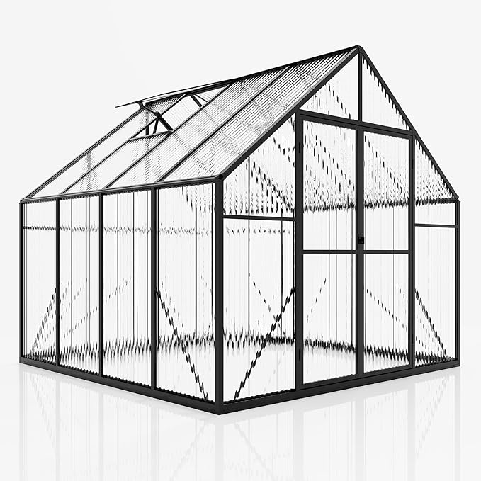 Amerlife 8x8x7 FT Ft Polycarbonate Greenhouse for Outdoors, Walk-in Design with Aluminum Frame, 2 Windows and Swing Door, Heavy-Duty Greenhouse Construction for Garden, Black