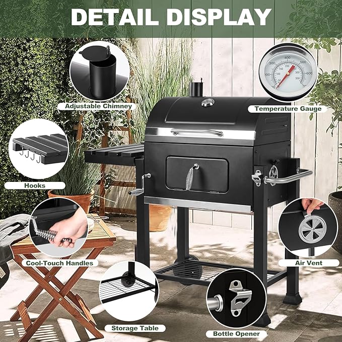 Charcoal Grills, Large Outdoor BBQ Grill Offset Smoker with Side Table Heavy Duty Outside Barbecue Grills Cooking Backyard Patio (Enamel Grill Grate)