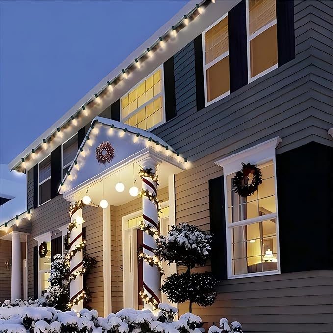 C9 LED Christmas Lights Outdoor, 25 Feet C9 Warm White String Lights Outdoor with 26 LED Clear Bulbs for Indoor Christmas Tree Roofline Holiday Party Garden Patio Backyard Cafe Decoration
