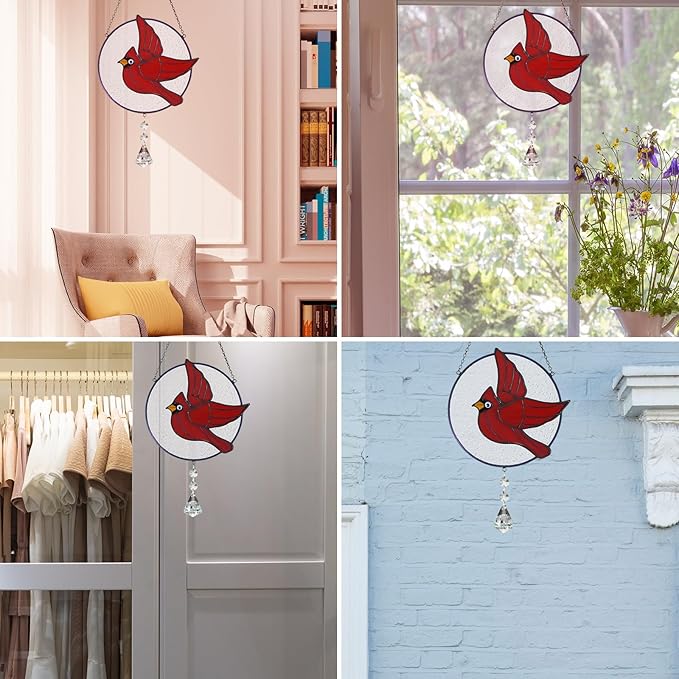 Cardinal Stained Glass Suncatchers for Windows Hangings Decorative,Red Love Birds Sun Catchers with Crystal Indoor Ornaments,Memorial Gifts for Women,Sun Catchers