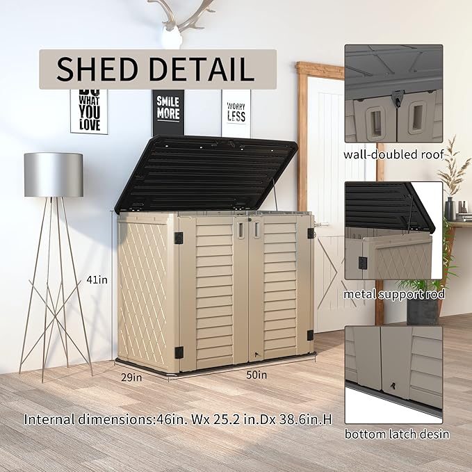 HOMSPARK Storage Shed Weather Resistance, Multi-Purpose Outdoor Storage Cabinet for Backyards and Patios, Horizontal Storage Shed for Lawnmower, Patio Accessories (Coffee, Large - 26 cu.ft)