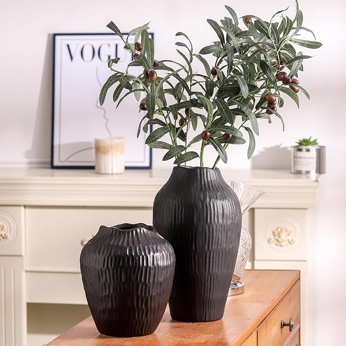 7.8 Inch Black Ceramic Vase - Modern Minimalist Round Vase for Centerpiece, Farmhouse, Living Room-Handcrafted Decorative Design for Dried Flowers, Plants, Home Decor, Rustic & Vintage Styles
