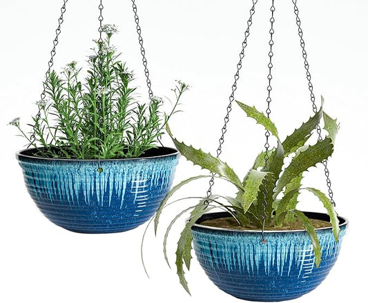 12 inch Hanging Planters for Indoor Outdoor Plants, 2 Pack Large Hanging Flower Pots with Drainage Holes and Chain, Glazed Hanging Baskets for Home Garden Decoration (Blue Flow Glaze)