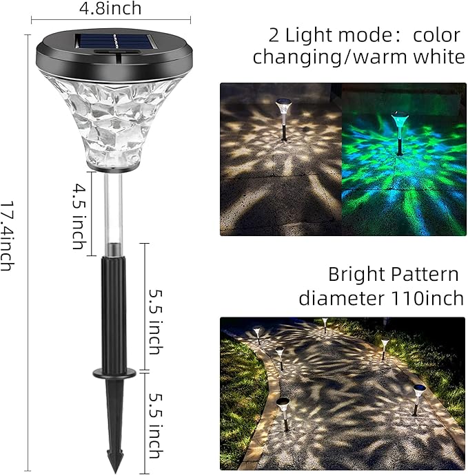 Bright Solar Pathway Lights, 2Pack Warm White/Color Changing Solar Garden Lights, IP67 Waterproof Solar Path Lights, Auto On/Off Solar Outdoor Lights for Walkway Lawn Landscape Decorative