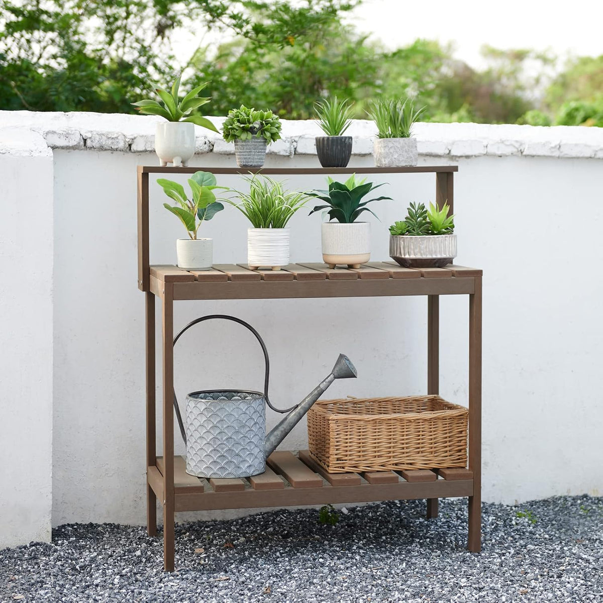 Psilvam Outdoor Poly Lumber Potting Bench, Polystyrene Garden Table with Storage Shelves, All-Weather Patio Work Station for Gardening(Brown)