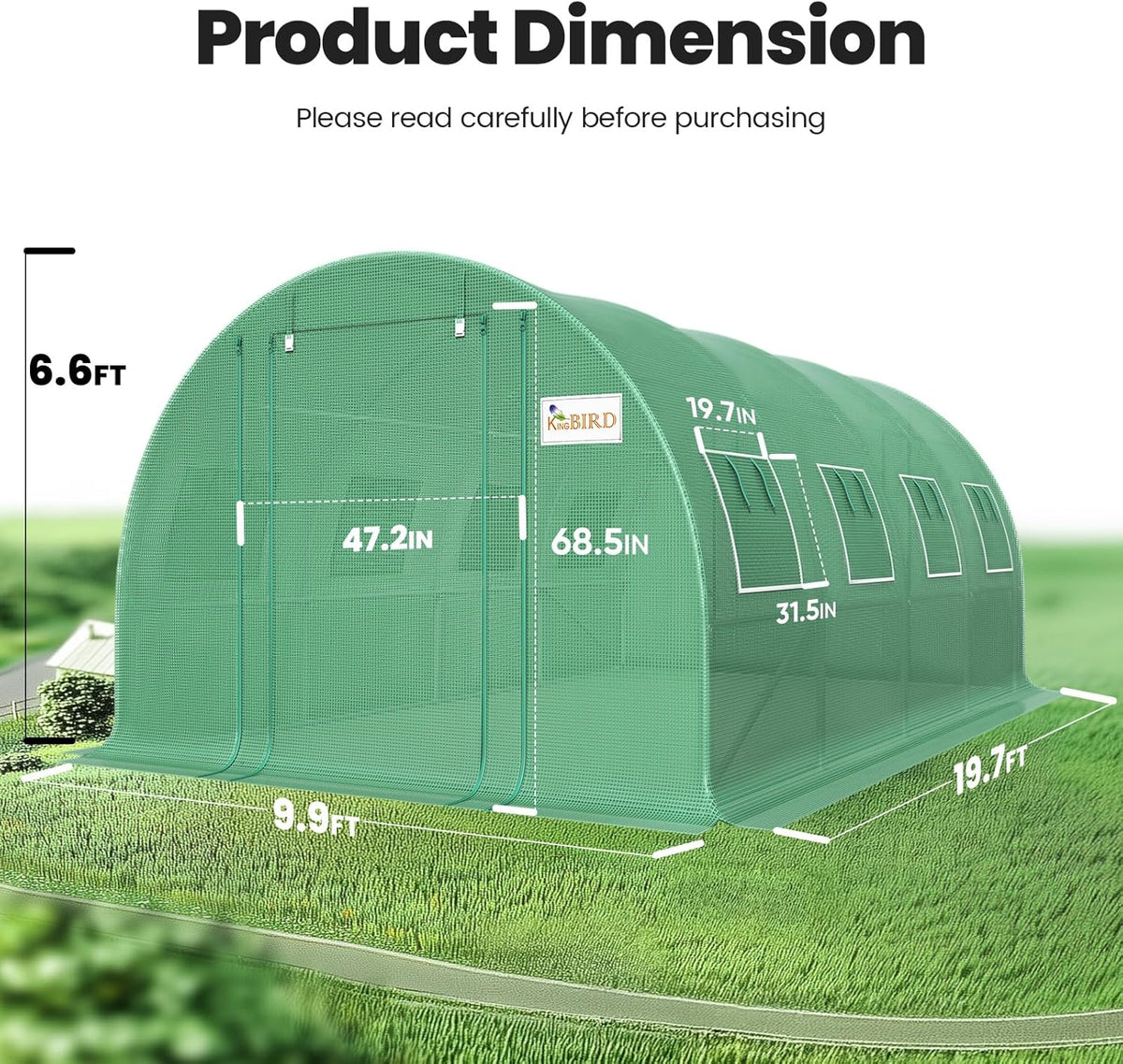 KING BIRD Premium 20x10x6.6FT Greenhouse for Outdoors, Large Walk-in Heavy Duty Galvanized Steel Frame, Mesh Door Screen Window Upgraded Zipper Tunnel Hoop for Garden Plant Winter, Green