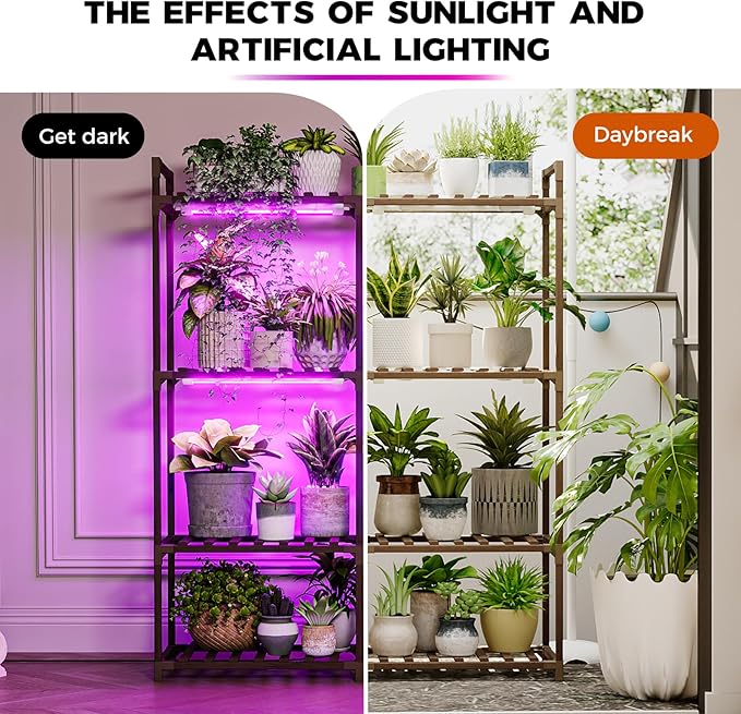 Bamworld Plant Stand with Grow Lights for Indoor Plants Wood Plant Shelf 4 Tier Large Flower Stand for Mutiple Plant Holder Rack for Patio Living Room BalconyDecor Purple Light