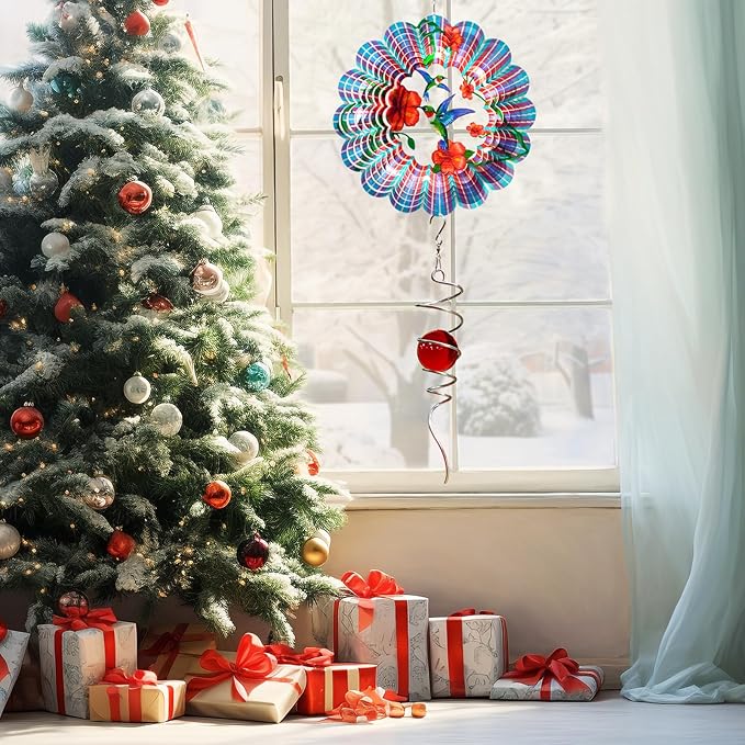 Hummingbird Wind Spinner - Hummingbird Gift for Women Men, Metal Wind Spinners for Outdoor & Indoor Decoration 12in 3D Hanging Bird Wind Catcher Unique Garden Decor Kinetic Yard Art Ornament