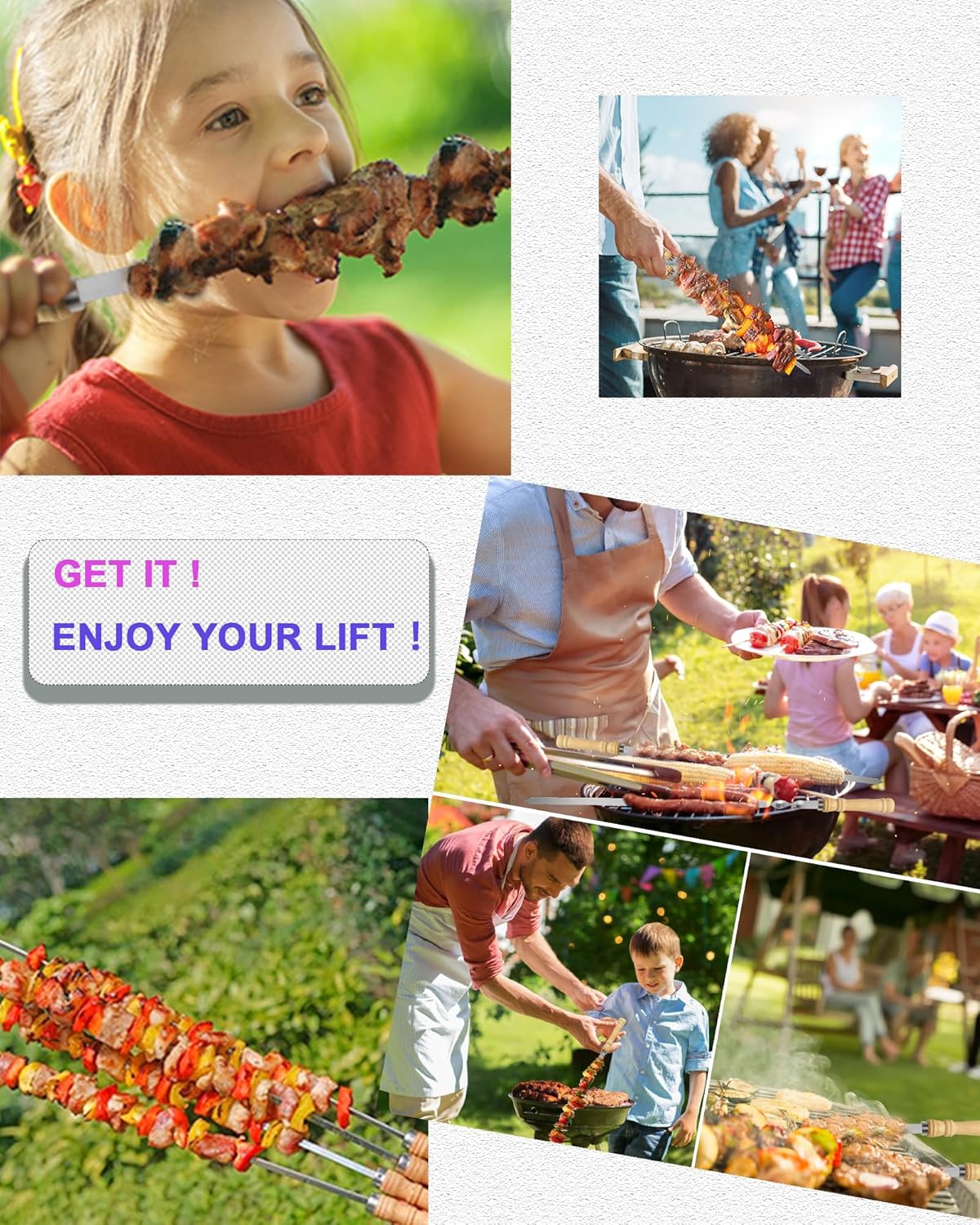 21.5" Long 304 Stainless Steel Skewers for Grilling with Wood Handle,Wide Flat Metal Skewers for Kabobs,Kabob Skewer,BBQ Barbecue Skewer Reusable for Outdoor Grill(6 PCS)