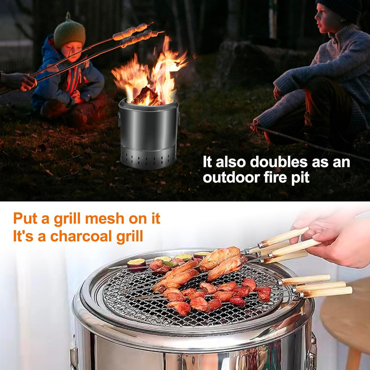 Portable Smokeless Barbecue Charcoal Barrel Grill, Stainless Steel Surround Charcoal kebab Grill with 28 Skewers and BBQ Grill Cooking Grate, Diameter 15.4 inch