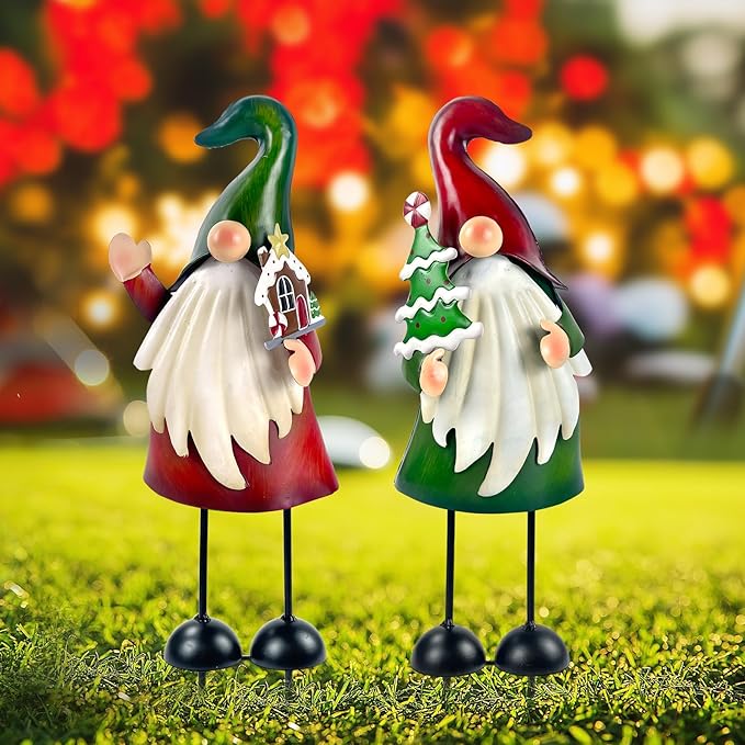 HONGLAND Christmas Decorations Outdoor Metal Gnome Yard Art Christmas Gnomes Statue 18 Inch Gnome Figurine for Holiday Christmas Lawn Patio Yard Garden Decor-2 PCS