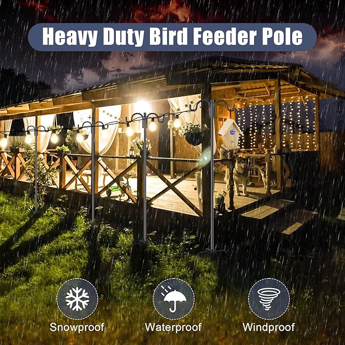 Gtongoko Bird Feeder Pole Squirrel Proof, 108 Inch Double Shepherds Hook for Outdoor with Squirrel Baffles Adjustable Heavy Duty with 5 Prongs Base for Hanging Plants, Bird Feeders, Black