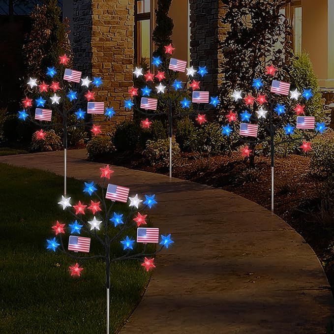 HUGSVIK 4 Packs 80LED 4th of July Decorations Outdoor, Upgraded Red White and Blue Solar Lights with Stars & American Flags, Outdoor Memorial Day Decorations Patriotic Lights for Yard Pathway Garden