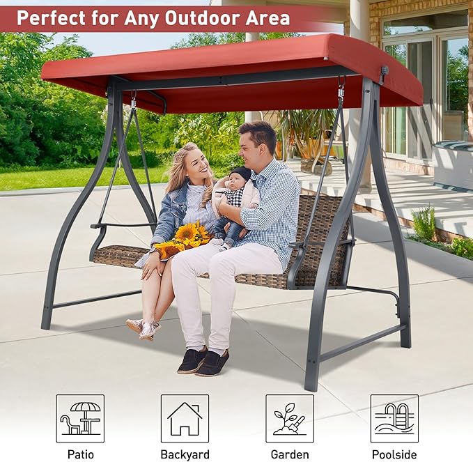 BPS 3 Seat Outdoor Porch Swing with Adjustable Canopy, PE Wicker Patio Swing Chair with Quick-Drying Foam Seat, 882 LBS Capacity, Proch Swings for Deck, Backyard, and Lawn, Red