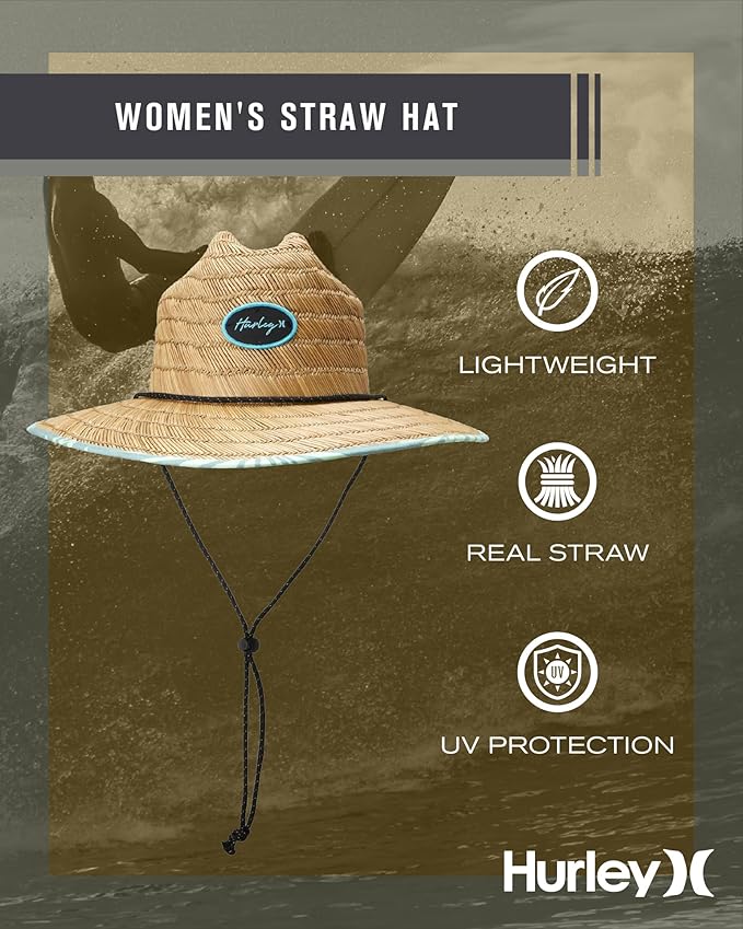 Hurley Women's Straw Hats - Real Straw Hat Medium Brim and Adjustable Chin Strap