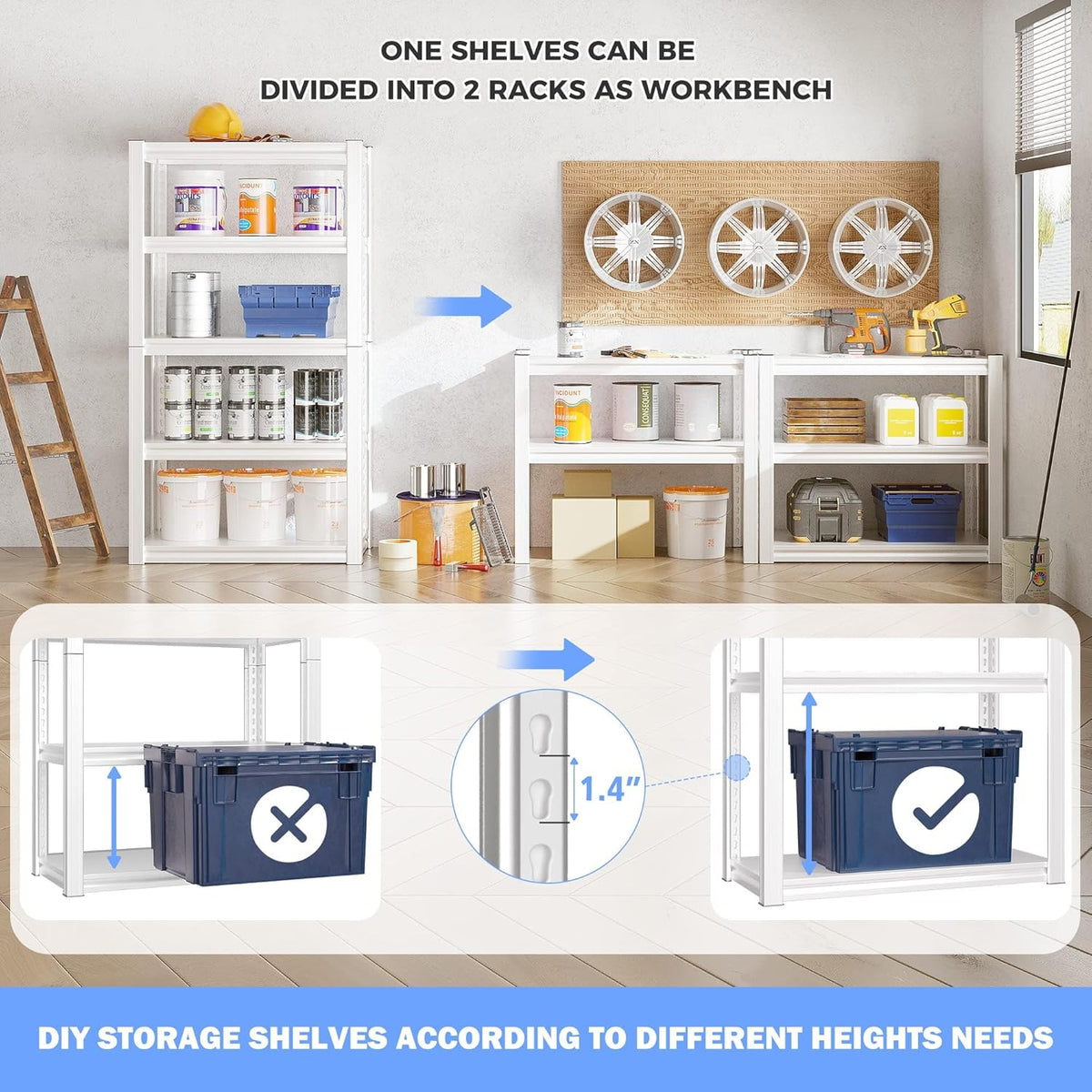 Raybee 72''H Garage Shelving Heavy Duty Storage Shelves Load 2010LBS Adjustable 5 Tier Metal Shelving White Garage Sheves Pantry Shelf for Kitchen Closet 72''H*31.7''W*16.3''D, 4 Pack